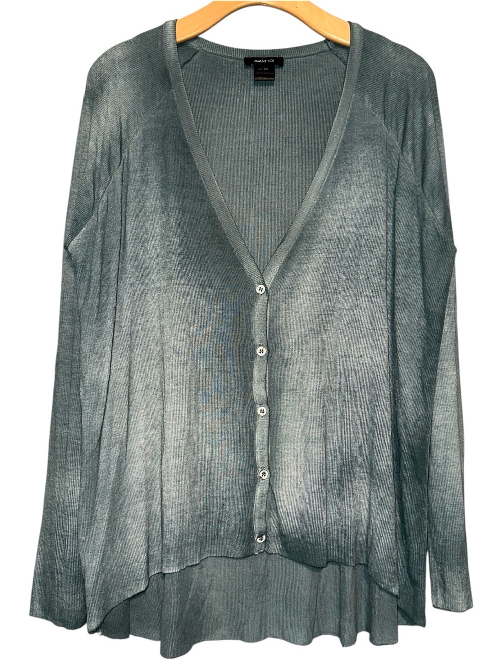 Avant Toi Women’s Size XS Mineral Washed Teal Blue Green Ribbed V-Neck Cardigan